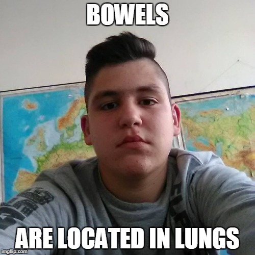 When he said it,I lost my shit | BOWELS; ARE LOCATED IN LUNGS | image tagged in stupid student stan,memes,funny,anatomy,human stupidity,dank | made w/ Imgflip meme maker