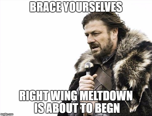 Brace Yourselves X is Coming | BRACE YOURSELVES; RIGHT WING MELTDOWN IS ABOUT TO BEGN | image tagged in memes,brace yourselves x is coming | made w/ Imgflip meme maker