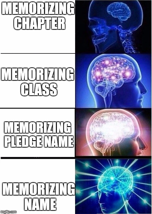 Expanding Brain | MEMORIZING CHAPTER; MEMORIZING CLASS; MEMORIZING PLEDGE NAME; MEMORIZING NAME | image tagged in expanding brain | made w/ Imgflip meme maker
