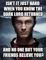 Harry Potter | ISN'T IT JUST HARD WHEN YOU KNOW THE DARK LORD RETURNED; AND NO ONE BUT YOUR FRIENDS BELIEVE YOU? | image tagged in harry potter | made w/ Imgflip meme maker