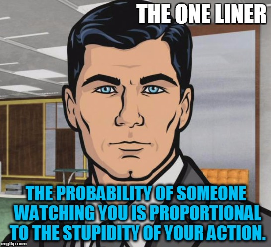 Archer Meme | THE ONE LINER; THE PROBABILITY OF SOMEONE WATCHING YOU IS PROPORTIONAL TO THE STUPIDITY OF YOUR ACTION. | image tagged in memes,archer | made w/ Imgflip meme maker