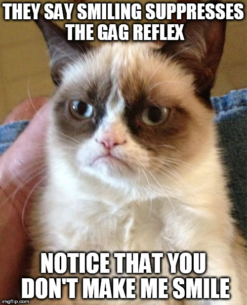 Grumpy Cat Meme | THEY SAY SMILING SUPPRESSES THE GAG REFLEX; NOTICE THAT YOU DON'T MAKE ME SMILE | image tagged in memes,grumpy cat | made w/ Imgflip meme maker