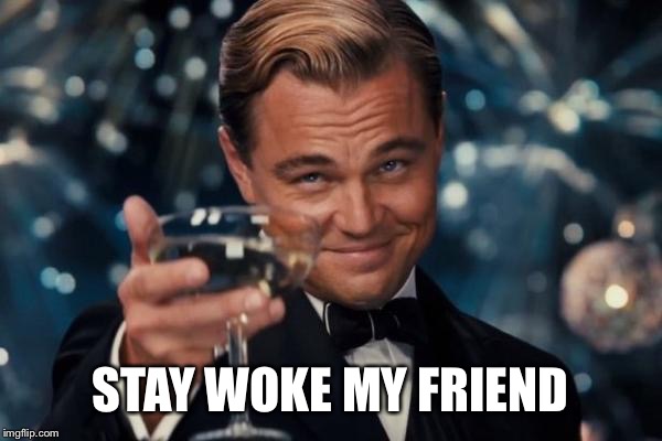 STAY WOKE MY FRIEND | image tagged in memes,leonardo dicaprio cheers | made w/ Imgflip meme maker