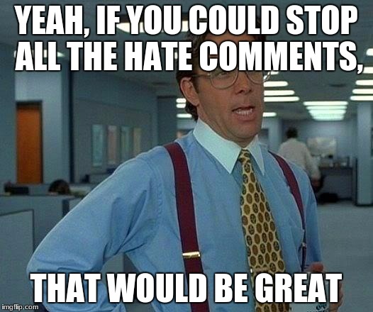 That Would Be Great Meme | YEAH, IF YOU COULD STOP ALL THE HATE COMMENTS, THAT WOULD BE GREAT | image tagged in memes,that would be great | made w/ Imgflip meme maker