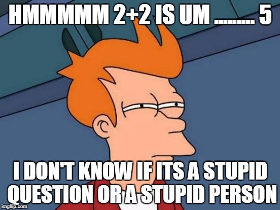 Futurama Fry Meme | HMMMMM 2+2 IS UM ......... 5; I DON'T KNOW IF ITS A STUPID QUESTION OR A STUPID PERSON | image tagged in memes,futurama fry | made w/ Imgflip meme maker