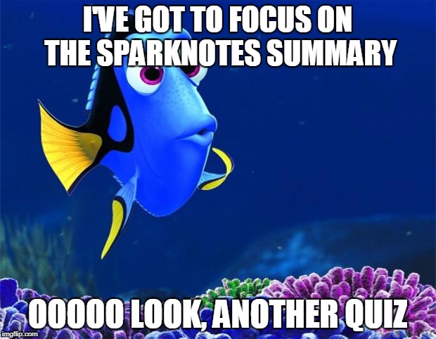 Dory | I'VE GOT TO FOCUS ON THE SPARKNOTES SUMMARY; OOOOO LOOK, ANOTHER QUIZ | image tagged in dory | made w/ Imgflip meme maker