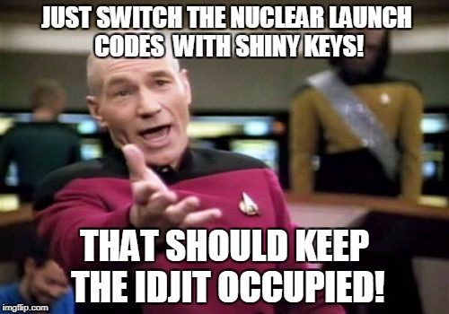 Shiny Shiny Keys! | JUST SWITCH THE NUCLEAR LAUNCH CODES  WITH SHINY KEYS! THAT SHOULD KEEP THE IDJIT OCCUPIED! | image tagged in memes,picard wtf,donald trump | made w/ Imgflip meme maker