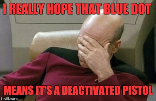 Captain Picard Facepalm Meme | I REALLY HOPE THAT BLUE DOT MEANS IT'S A DEACTIVATED PISTOL | image tagged in memes,captain picard facepalm | made w/ Imgflip meme maker