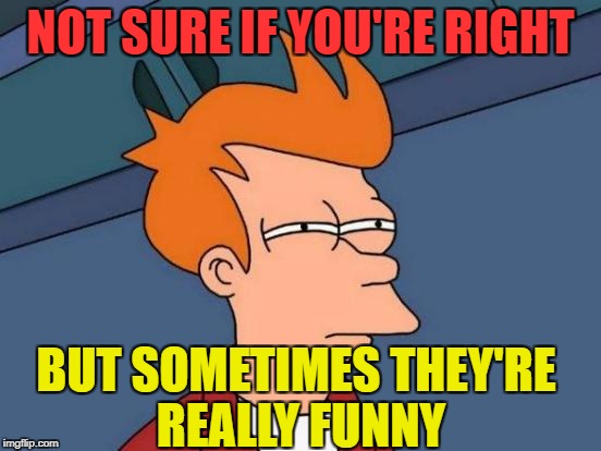 Futurama Fry Meme | NOT SURE IF YOU'RE RIGHT BUT SOMETIMES THEY'RE REALLY FUNNY | image tagged in memes,futurama fry | made w/ Imgflip meme maker