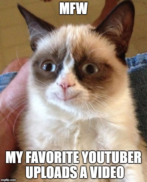 Grumpy Cat Happy Meme | MFW; MY FAVORITE YOUTUBER UPLOADS A VIDEO | image tagged in memes,grumpy cat happy,grumpy cat | made w/ Imgflip meme maker