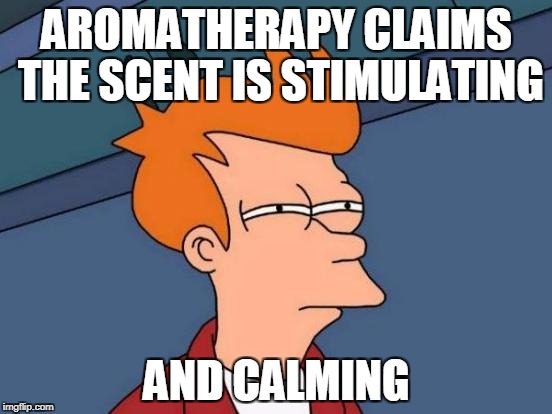 Futurama Fry Meme | AROMATHERAPY CLAIMS THE SCENT IS STIMULATING; AND CALMING | image tagged in memes,futurama fry | made w/ Imgflip meme maker