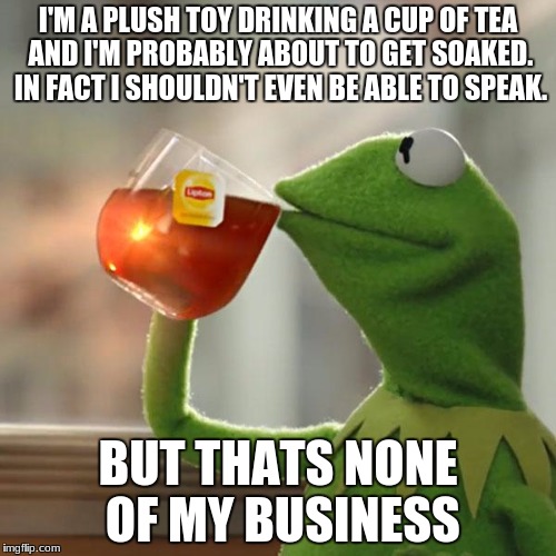 But That's None Of My Business Meme | I'M A PLUSH TOY DRINKING A CUP OF TEA AND I'M PROBABLY ABOUT TO GET SOAKED. IN FACT I SHOULDN'T EVEN BE ABLE TO SPEAK. BUT THATS NONE OF MY BUSINESS | image tagged in memes,but thats none of my business,kermit the frog | made w/ Imgflip meme maker