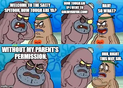 How Tough Are You Meme | HAH! SO WHAT? HOW TOUGH AM I? I WENT TO GOLDFISHFUN.COM! WELCOME TO THE SALTY SPITOON, HOW TOUGH ARE YA? WITHOUT MY PARENT'S PERMISSION. UHH, RIGHT THIS WAY, SIR. | image tagged in memes,how tough are you | made w/ Imgflip meme maker