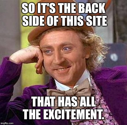 Creepy Condescending Wonka Meme | SO IT'S THE BACK SIDE OF THIS SITE THAT HAS ALL THE EXCITEMENT. | image tagged in memes,creepy condescending wonka | made w/ Imgflip meme maker