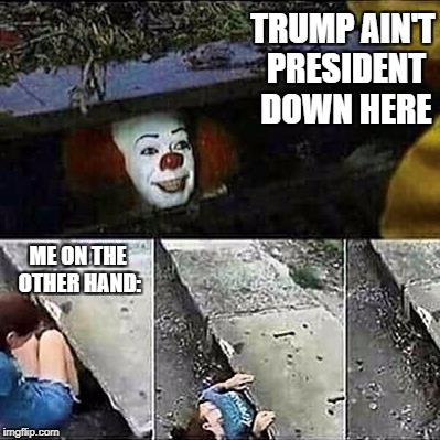 IT Clown Sewers | TRUMP AIN'T PRESIDENT DOWN HERE; ME ON THE OTHER HAND: | image tagged in it clown sewers | made w/ Imgflip meme maker