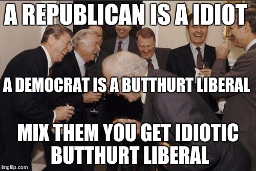 oh so very true! (LOL) | A REPUBLICAN IS A IDIOT; A DEMOCRAT IS A BUTTHURT LIBERAL; MIX THEM YOU GET IDIOTIC BUTTHURT LIBERAL | image tagged in memes,laughing men in suits | made w/ Imgflip meme maker