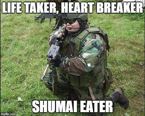 Fat Soldier | LIFE TAKER, HEART BREAKER; SHUMAI EATER | image tagged in fat soldier | made w/ Imgflip meme maker