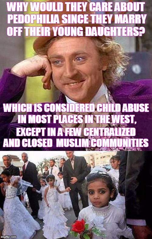 WHY WOULD THEY CARE ABOUT PEDOPHILIA SINCE THEY MARRY OFF THEIR YOUNG DAUGHTERS? EXCEPT IN A FEW CENTRALIZED AND CLOSED  MUSLIM COMMUNITIES  | made w/ Imgflip meme maker