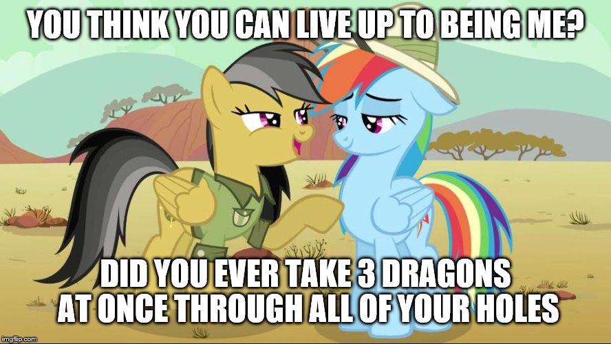 YOU THINK YOU CAN LIVE UP TO BEING ME? DID YOU EVER TAKE 3 DRAGONS AT ONCE THROUGH ALL OF YOUR HOLES | image tagged in rainbow dash and daring do | made w/ Imgflip meme maker