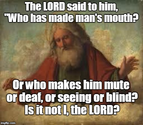 The LORD said to him, "Who has made man's mouth? Or who makes him mute or deaf, or seeing or blind? Is it not I, the LORD? | made w/ Imgflip meme maker