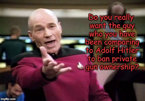 Hmm | Do you really want the guy who you have been comparing to Adolf Hitler to ban private gun ownership? | image tagged in memes,picard wtf,gun control,liberal logic | made w/ Imgflip meme maker