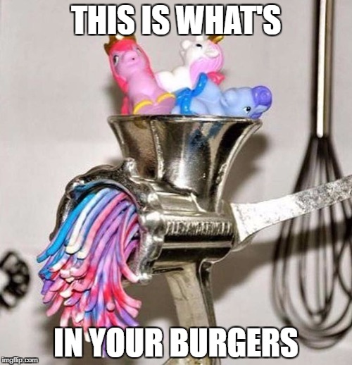 My Little Pony Meat Grinder | THIS IS WHAT'S; IN YOUR BURGERS | image tagged in my little pony meat grinder | made w/ Imgflip meme maker