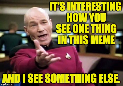 Picard Wtf Meme | IT'S INTERESTING HOW YOU SEE ONE THING IN THIS MEME AND I SEE SOMETHING ELSE. | image tagged in memes,picard wtf | made w/ Imgflip meme maker