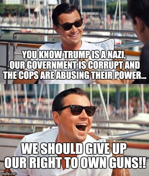 Leonardo Dicaprio Wolf Of Wall Street | YOU KNOW TRUMP IS A NAZI, OUR GOVERNMENT IS CORRUPT AND THE COPS ARE ABUSING THEIR POWER... WE SHOULD GIVE UP OUR RIGHT TO OWN GUNS!! | image tagged in memes,leonardo dicaprio wolf of wall street | made w/ Imgflip meme maker