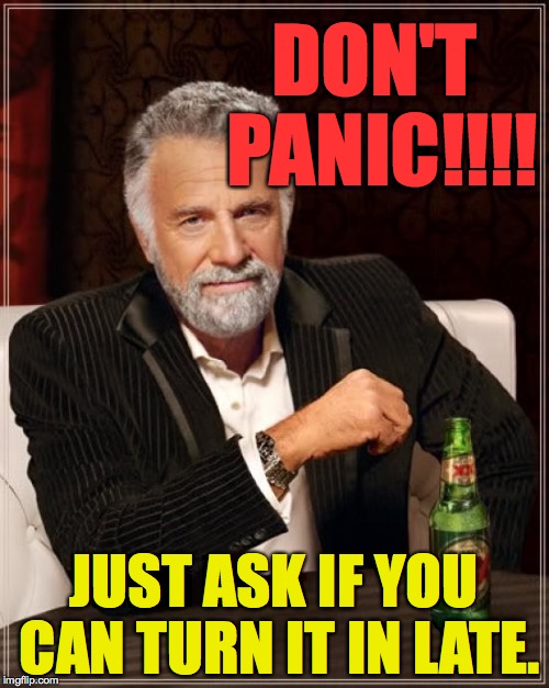 The Most Interesting Man In The World Meme | DON'T PANIC!!!! JUST ASK IF YOU CAN TURN IT IN LATE. | image tagged in memes,the most interesting man in the world | made w/ Imgflip meme maker