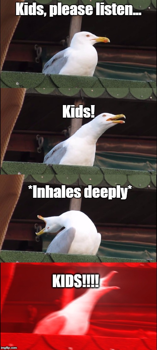 Inhaling Seagull | Kids, please listen... Kids! *Inhales deeply*; KIDS!!!! | image tagged in inhaling seagull | made w/ Imgflip meme maker