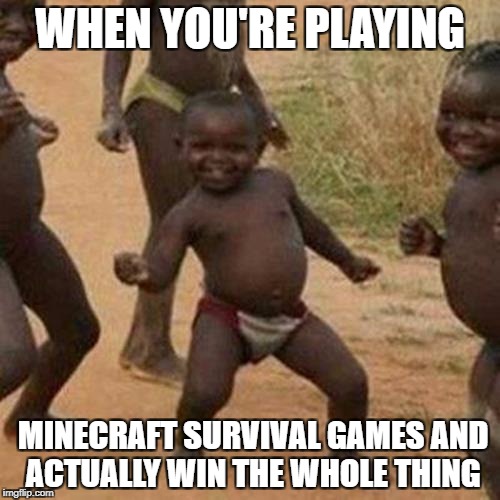 Third World Success Kid Meme | WHEN YOU'RE PLAYING; MINECRAFT SURVIVAL GAMES AND ACTUALLY WIN THE WHOLE THING | image tagged in memes,third world success kid | made w/ Imgflip meme maker