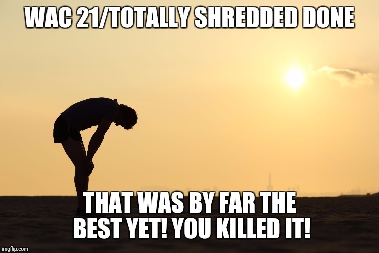 Exhausted | WAC 21/TOTALLY SHREDDED DONE; THAT WAS BY FAR THE BEST YET! YOU KILLED IT! | image tagged in exhausted | made w/ Imgflip meme maker