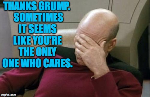 Captain Picard Facepalm Meme | THANKS GRUMP.  SOMETIMES IT SEEMS LIKE YOU'RE THE ONLY ONE WHO CARES. | image tagged in memes,captain picard facepalm | made w/ Imgflip meme maker