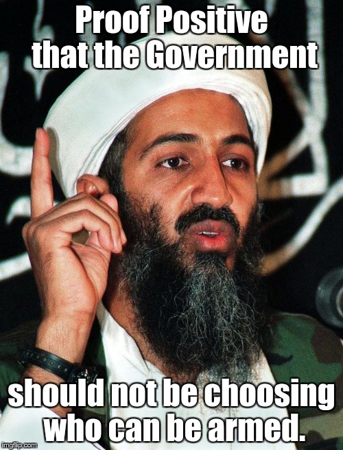 Osama | Proof Positive that the Government; should not be choosing who can be armed. | image tagged in osama | made w/ Imgflip meme maker