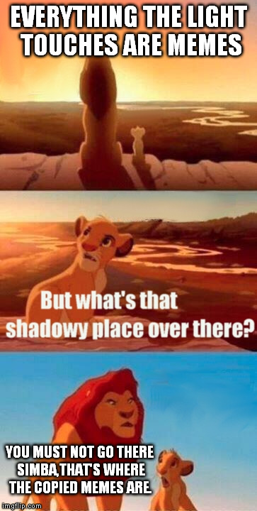 Simba Shadowy Place Meme | EVERYTHING THE LIGHT TOUCHES ARE MEMES; YOU MUST NOT GO THERE SIMBA,THAT'S WHERE THE COPIED MEMES ARE. | image tagged in memes,simba shadowy place | made w/ Imgflip meme maker