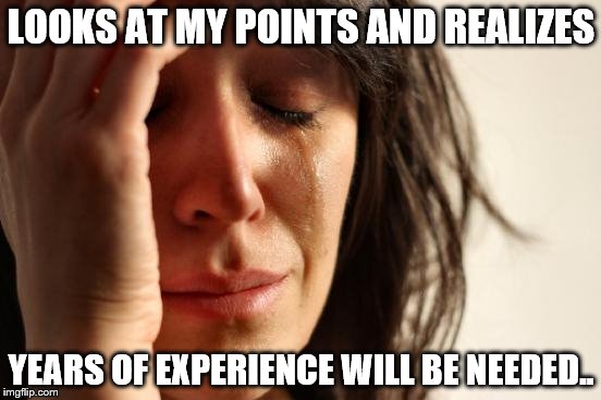 First World Problems | LOOKS AT MY POINTS AND REALIZES; YEARS OF EXPERIENCE WILL BE NEEDED.. | image tagged in memes,first world problems | made w/ Imgflip meme maker