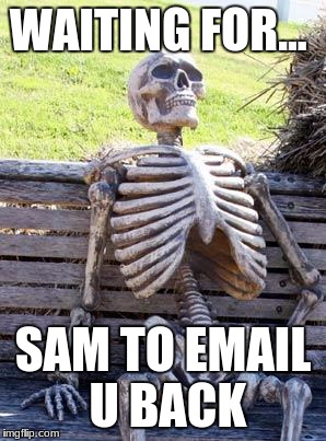 Waiting Skeleton | WAITING FOR... SAM TO EMAIL U BACK | image tagged in memes,waiting skeleton | made w/ Imgflip meme maker