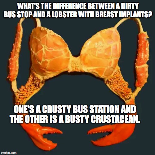 WHAT'S THE DIFFERENCE BETWEEN A DIRTY BUS STOP AND A LOBSTER WITH BREAST IMPLANTS? ONE'S A CRUSTY BUS STATION AND THE OTHER IS A BUSTY CRUSTACEAN. | image tagged in pun,lobster | made w/ Imgflip meme maker