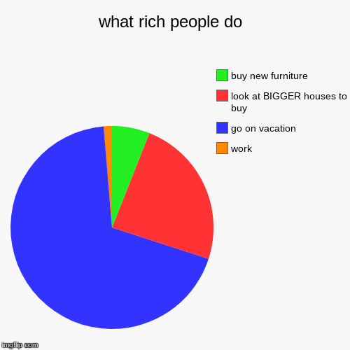 what rich people do  | work , go on vacation , look at BIGGER houses to buy , buy new furniture | image tagged in funny,pie charts | made w/ Imgflip chart maker