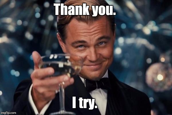 Leonardo Dicaprio Cheers Meme | Thank you. I try. | image tagged in memes,leonardo dicaprio cheers | made w/ Imgflip meme maker