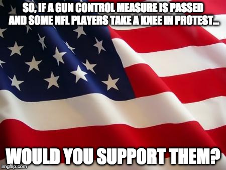 American flag | SO, IF A GUN CONTROL MEASURE IS PASSED AND SOME NFL PLAYERS TAKE A KNEE IN PROTEST... WOULD YOU SUPPORT THEM? | image tagged in american flag | made w/ Imgflip meme maker