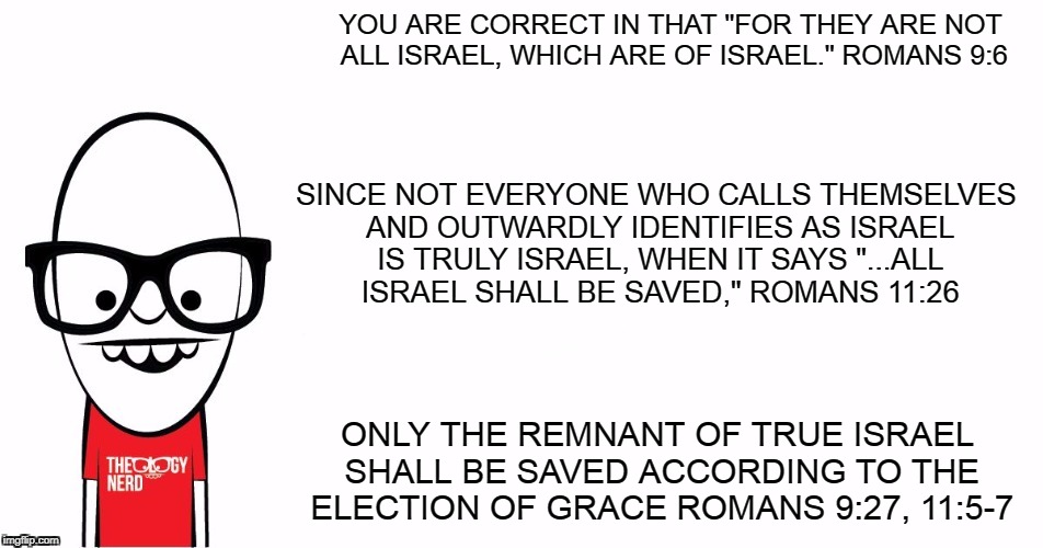 Theology Nerd  | YOU ARE CORRECT IN THAT "FOR THEY ARE NOT ALL ISRAEL, WHICH ARE OF ISRAEL." ROMANS 9:6 ONLY THE REMNANT OF TRUE ISRAEL SHALL BE SAVED ACCORD | image tagged in theology nerd | made w/ Imgflip meme maker