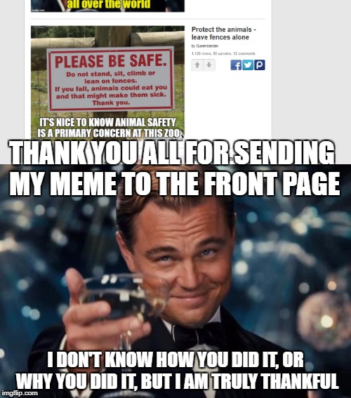 And then I checked the front page and it was gone again... oh well, thanks anyway! | THANK YOU ALL FOR SENDING MY MEME TO THE FRONT PAGE; I DON'T KNOW HOW YOU DID IT, OR WHY YOU DID IT, BUT I AM TRULY THANKFUL | image tagged in memes,leonardo dicaprio cheers,cheers,thank you,front page | made w/ Imgflip meme maker