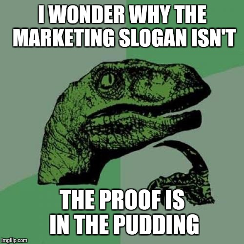 Philosoraptor Meme | I WONDER WHY THE MARKETING SLOGAN ISN'T THE PROOF IS IN THE PUDDING | image tagged in memes,philosoraptor | made w/ Imgflip meme maker