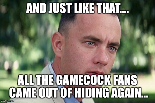 And Just Like That | AND JUST LIKE THAT.... ALL THE GAMECOCK FANS CAME OUT OF HIDING AGAIN... | image tagged in forrest gump | made w/ Imgflip meme maker