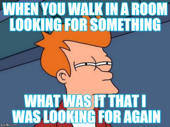 Futurama Fry Meme | WHEN YOU WALK IN A ROOM LOOKING FOR SOMETHING; WHAT WAS IT THAT I WAS LOOKING FOR AGAIN | image tagged in memes,futurama fry | made w/ Imgflip meme maker