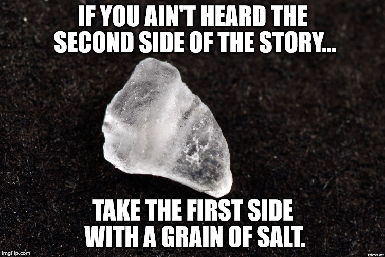 Grain of Salt |  IF YOU AIN'T HEARD THE SECOND SIDE OF THE STORY... TAKE THE FIRST SIDE WITH A GRAIN OF SALT. | image tagged in grain of salt | made w/ Imgflip meme maker