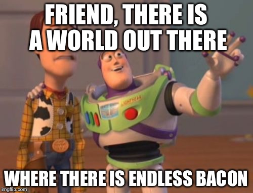 X, X Everywhere | FRIEND, THERE IS A WORLD OUT THERE; WHERE THERE IS ENDLESS BACON | image tagged in memes,x x everywhere | made w/ Imgflip meme maker