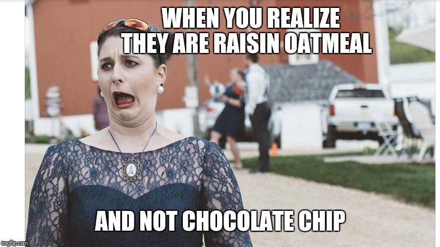 WHEN YOU REALIZE 
           THEY ARE RAISIN OATMEAL; AND NOT CHOCOLATE CHIP | image tagged in cookies | made w/ Imgflip meme maker