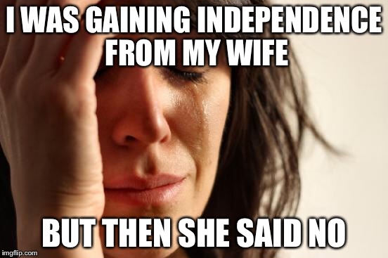 First World Problems Meme | I WAS GAINING INDEPENDENCE FROM MY WIFE BUT THEN SHE SAID NO | image tagged in memes,first world problems | made w/ Imgflip meme maker